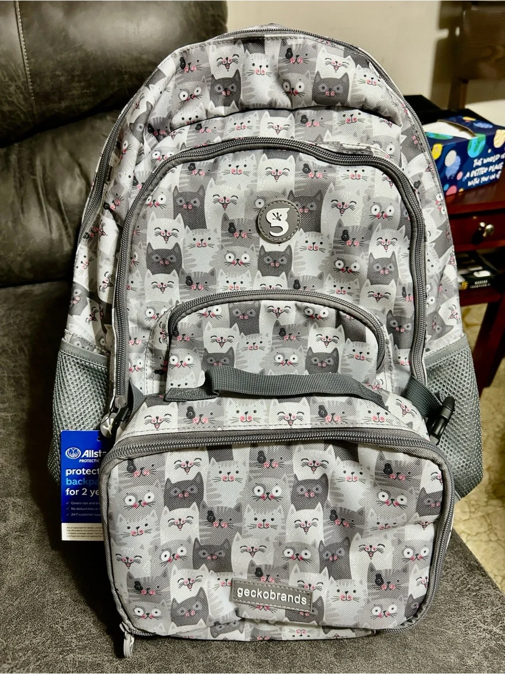 NWT Geckobrands Cat Print Backpack. Gray with Pink Accents Girls Love.